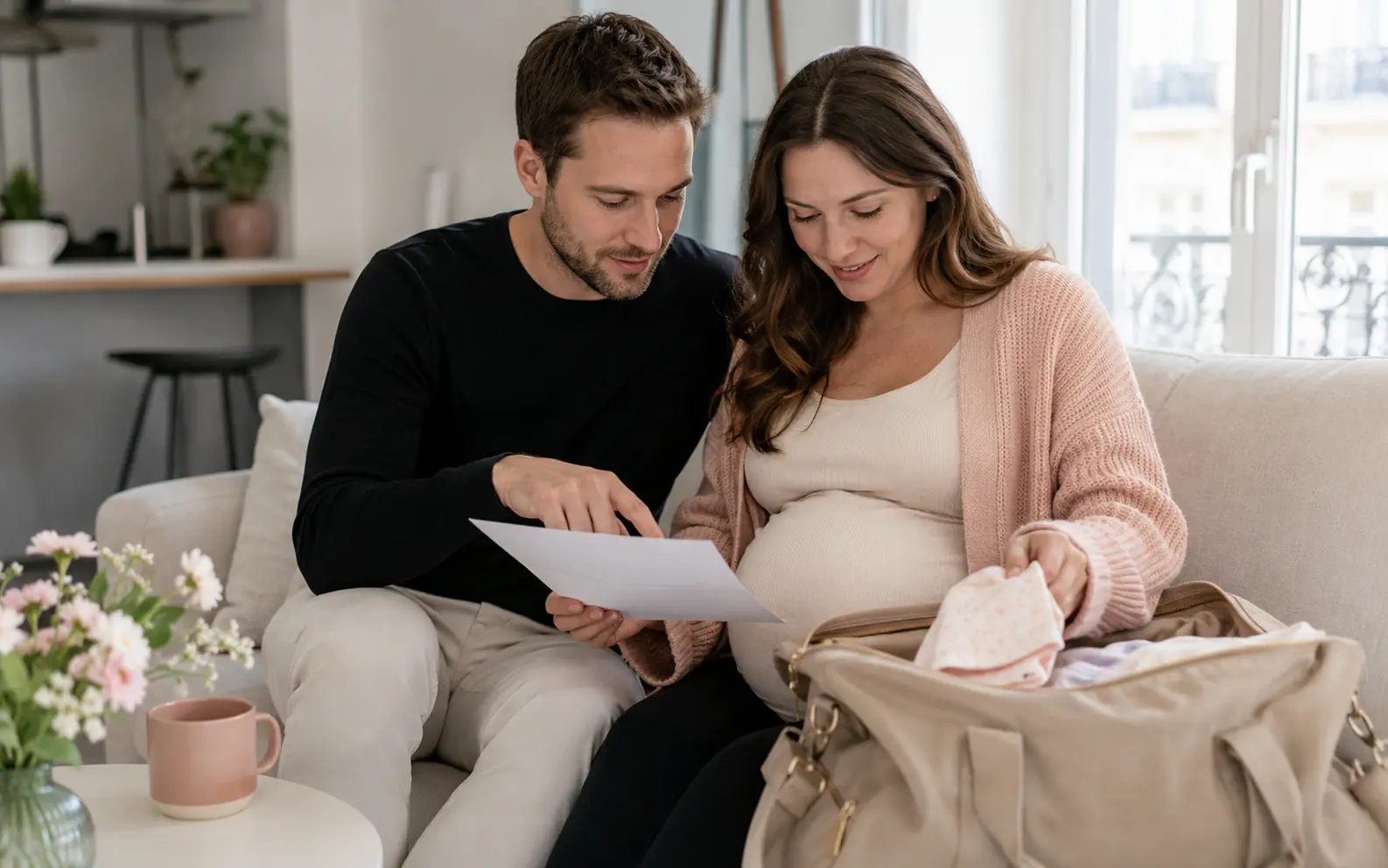 Schwangere Frau und Partner überprüfen gemeinsam ihre Kliniktaschen-Packliste