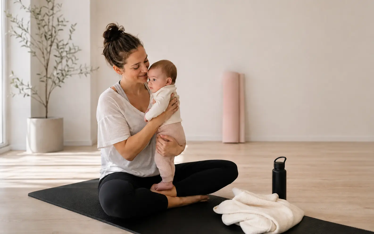 Mutter sitzt mit ihrem Baby in einem hellen Pilatesstudio auf der Matte