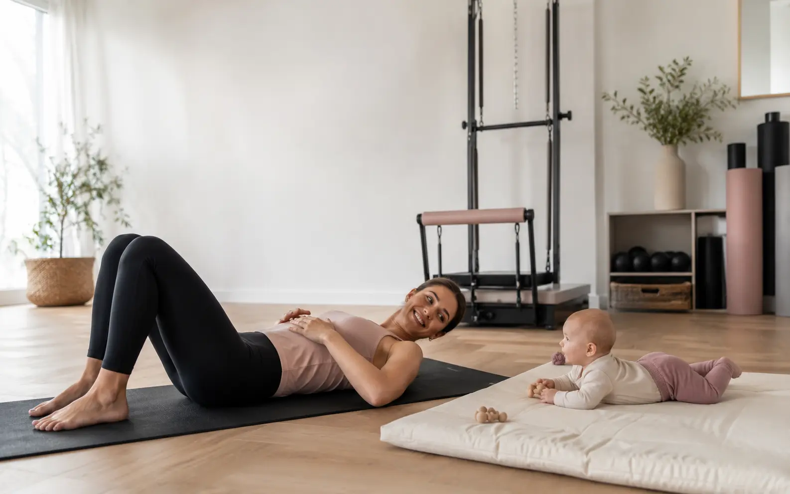 Mutter trainiert entspannt auf einer Pilatesmatte, während ihr Baby neben ihr liegt