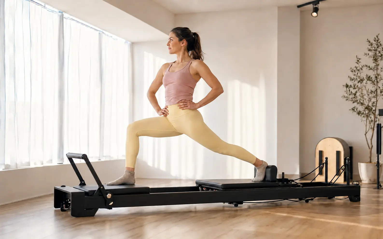 Frau in funktionaler Trainingskleidung bei einem kontrollierten Ausfallschritt auf dem Reformer
