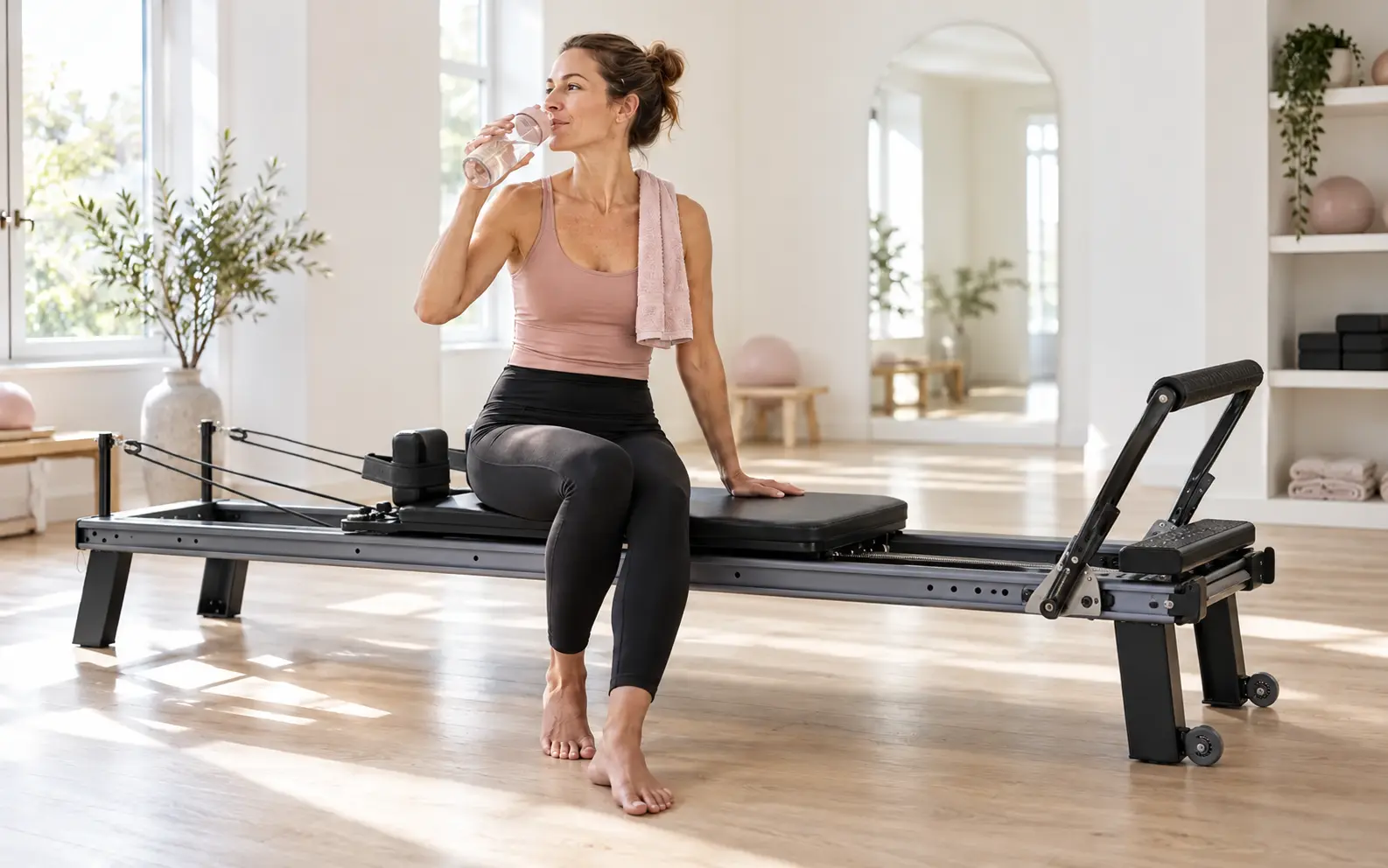 Frau trinkt nach einer Reformer Pilates Session Wasser und gönnt sich Erholung